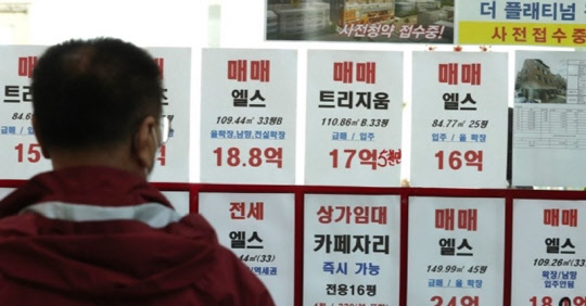 코로나19와 정부의 대출 규제 등으로 강남 아파트 값이 하락세를 지속한 가운데 서울 송파구 아파트 부동산에 급매물 안내가 붙어 있다.<연합뉴스>